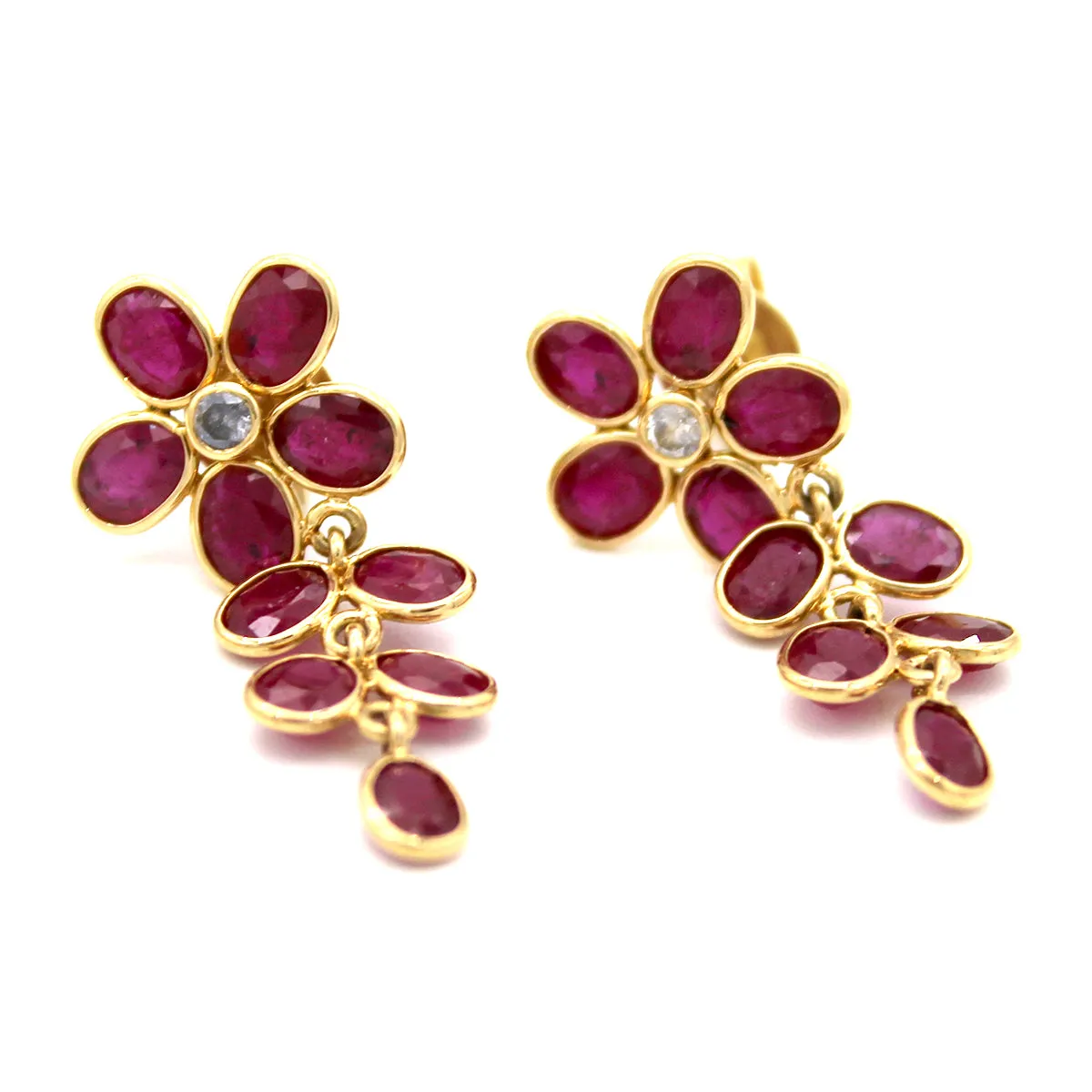 18k Solid Yellow Gold Natural Ruby Diamond Fine Earrings