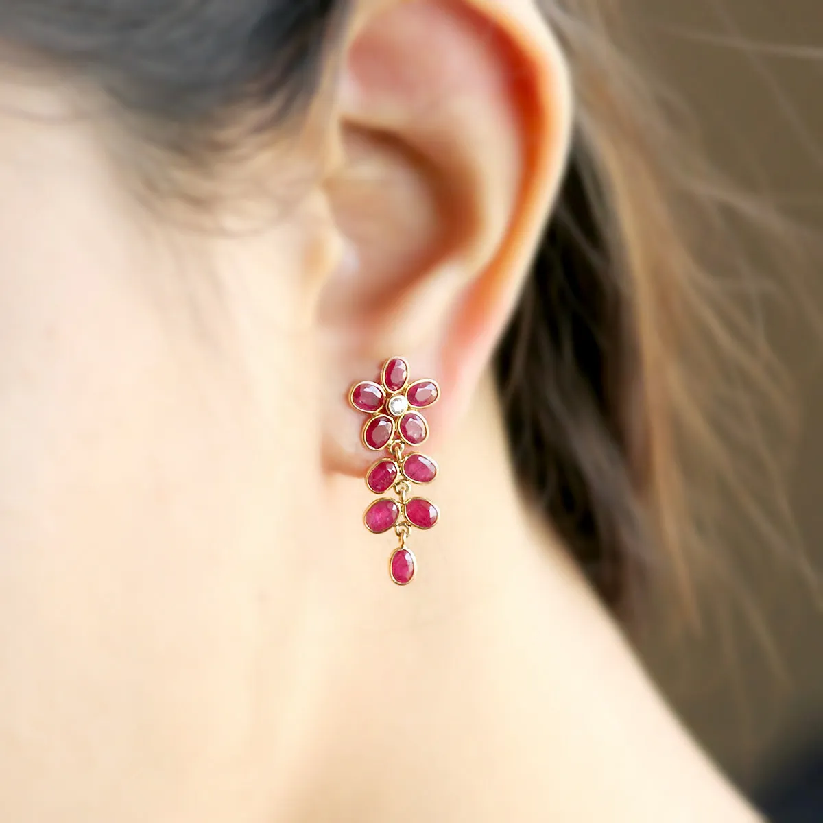 18k Solid Yellow Gold Natural Ruby Diamond Fine Earrings