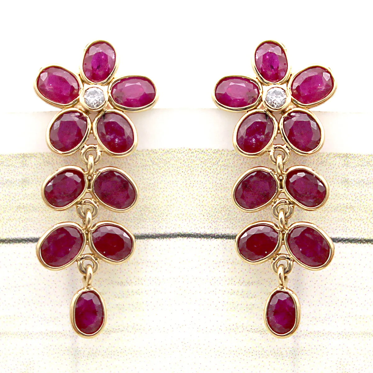 18k Solid Yellow Gold Natural Ruby Diamond Fine Earrings