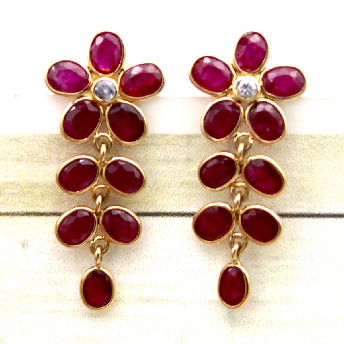 18k Solid Yellow Gold Natural Ruby Diamond Fine Earrings