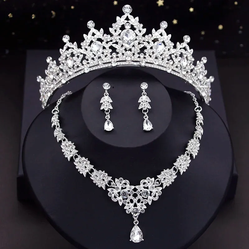 Crystal  Rhinestone Tiaras Crown Necklace Earrings Fashion Jewelry Set Accessories
