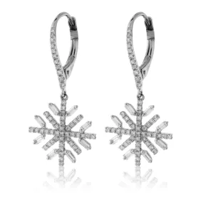 Round and Baguette Diamond Snowflake Earrings
