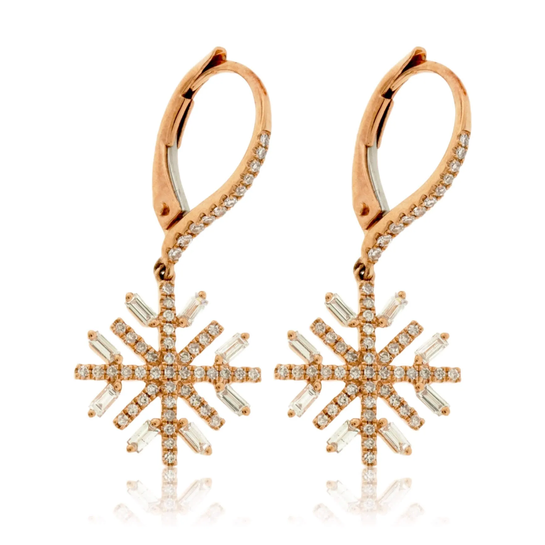 Round and Baguette Diamond Snowflake Earrings