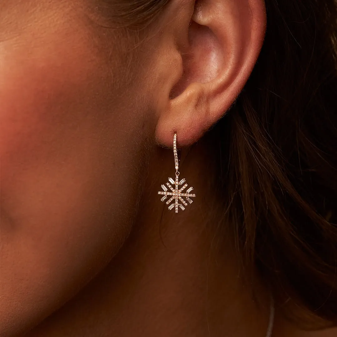 Round and Baguette Diamond Snowflake Earrings